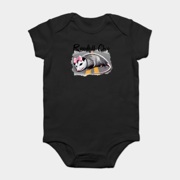 Roadkill Chic funny dead possum with pink hair ribbon bow Baby Bodysuit by Luxinda
